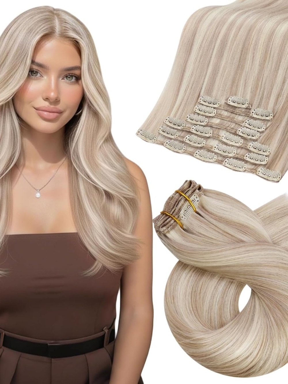 Moresoo Real Human Hair Clip-in Extensions 20" 120g 7 piece set Ash Blonde